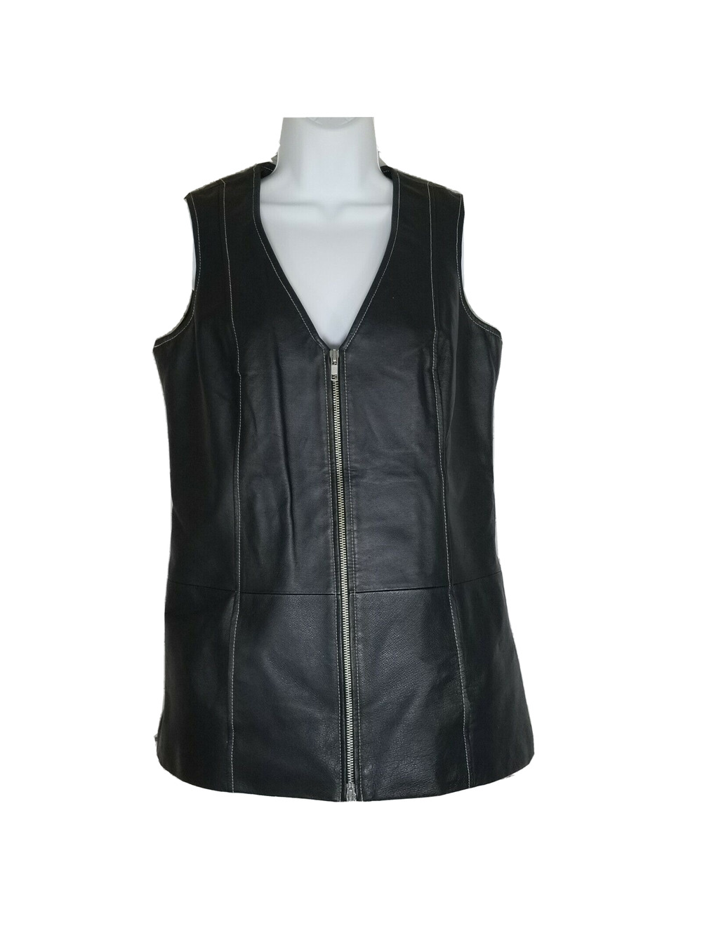 Newport News Womens Genuine Black Leather Vest Size 6 Full Zip Pockets Lined